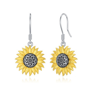 Sterling Silver Two-tone Sunflower Drop Earrings-2