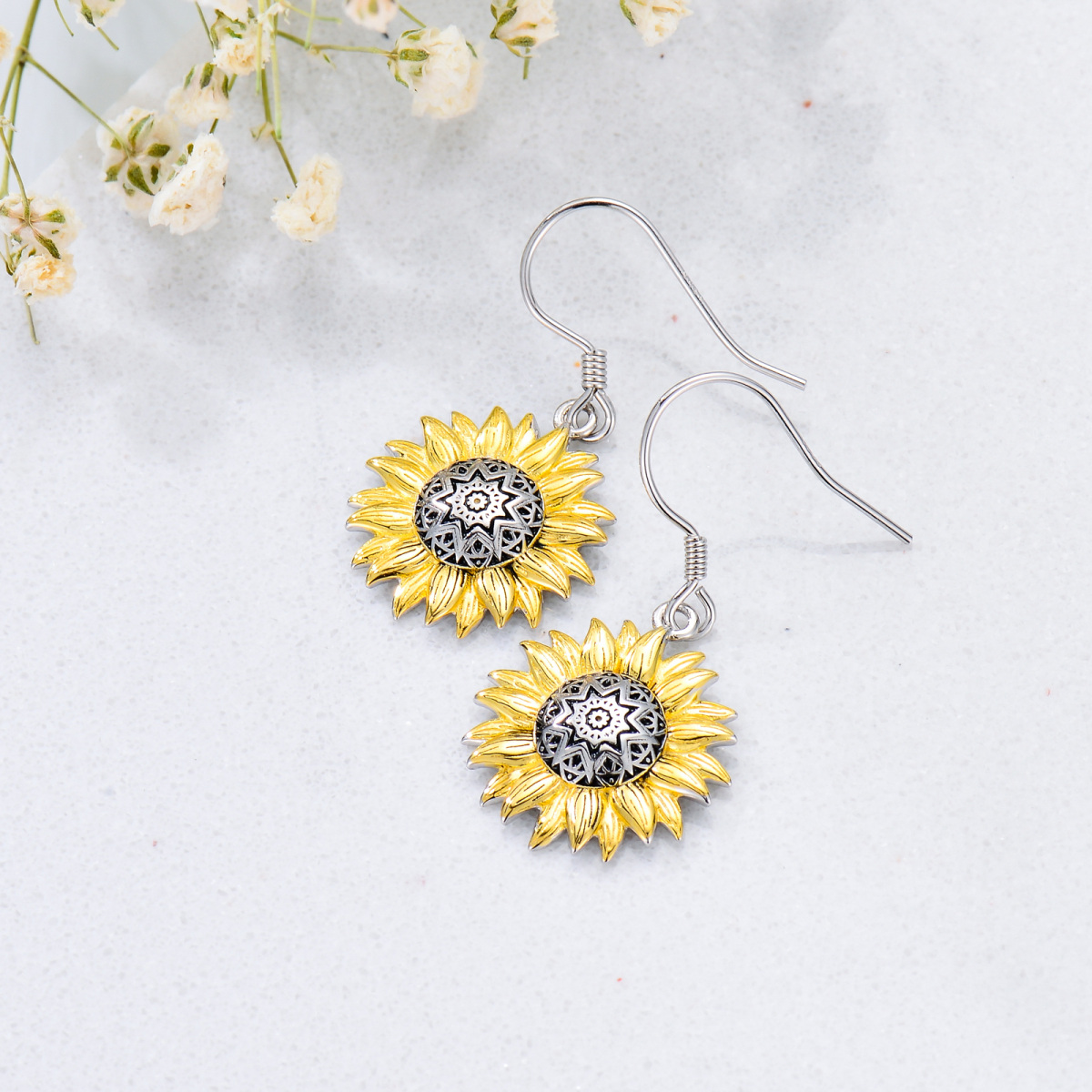 Sterling Silver Two-tone Sunflower Drop Earrings-3