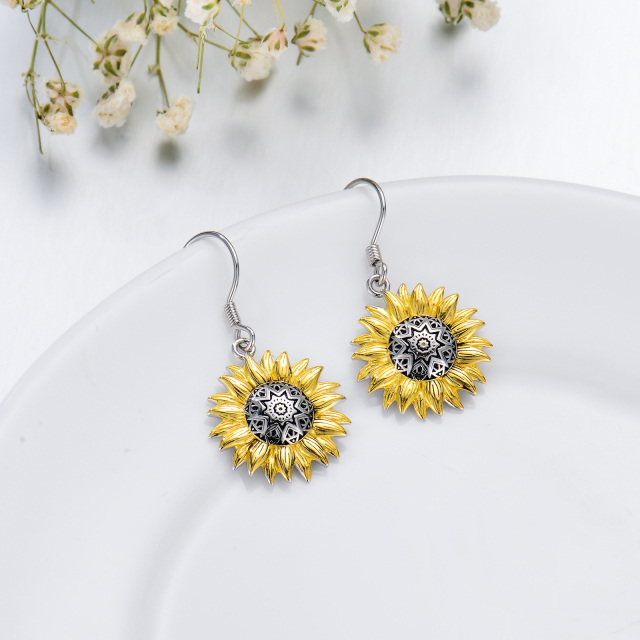 Pendants d'oreilles tournesol en argent sterling bicolore-4