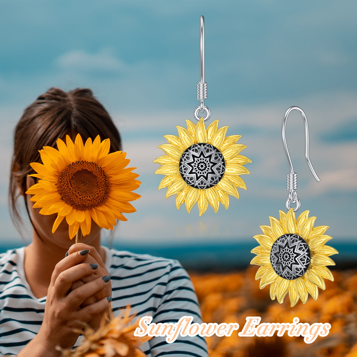 Sterling Silver Two-tone Sunflower Drop Earrings-6