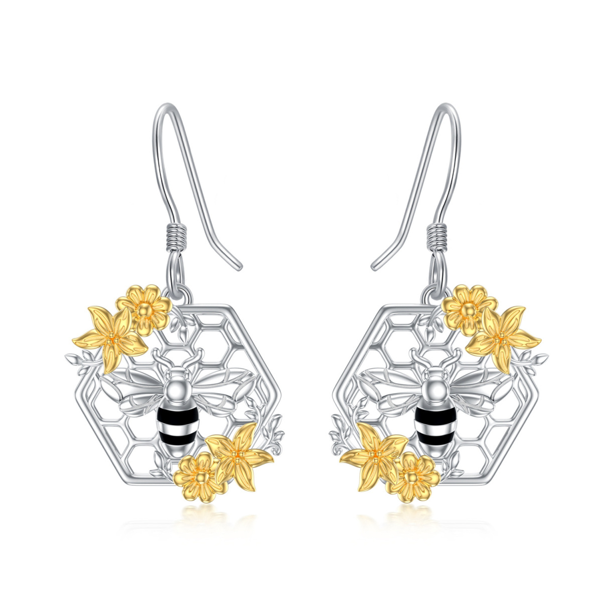 Boucles d'oreilles pendantes tournesol bicolores en argent sterling-1