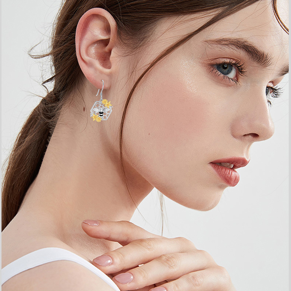 Sterling Silver Two-tone Sunflower Drop Earrings-2