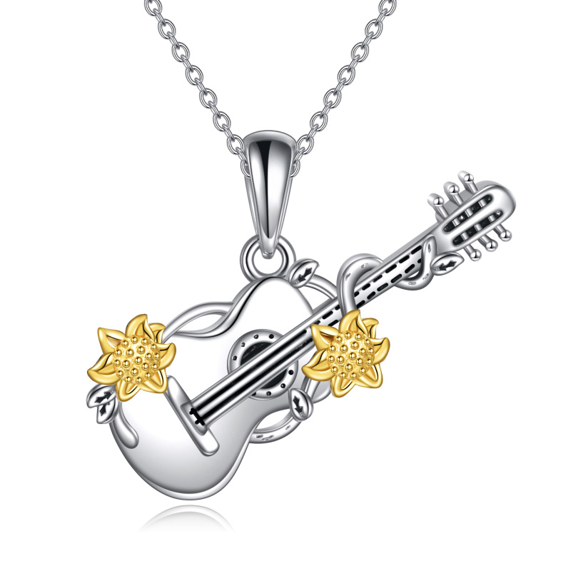 Sterling Silver Two-tone Sunflower & Guitar Pendant Necklace-16