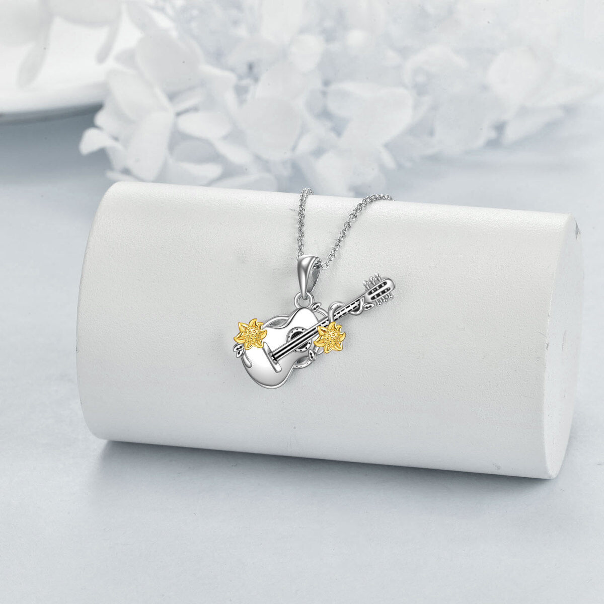 Sterling Silver Two-tone Sunflower & Guitar Pendant Necklace-3