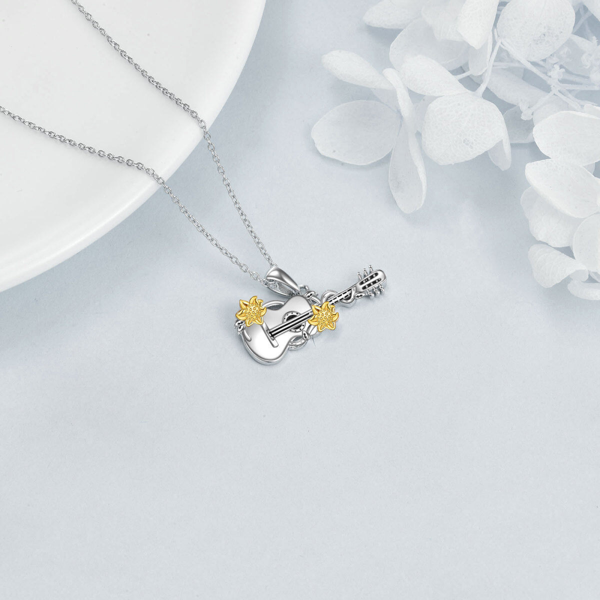 Sterling Silver Two-tone Sunflower & Guitar Pendant Necklace-4