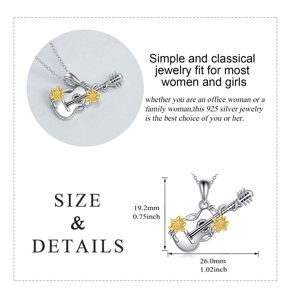 Sterling Silber zweifarbige Sonnenblume & Gitarre Anhänger Halskette-5