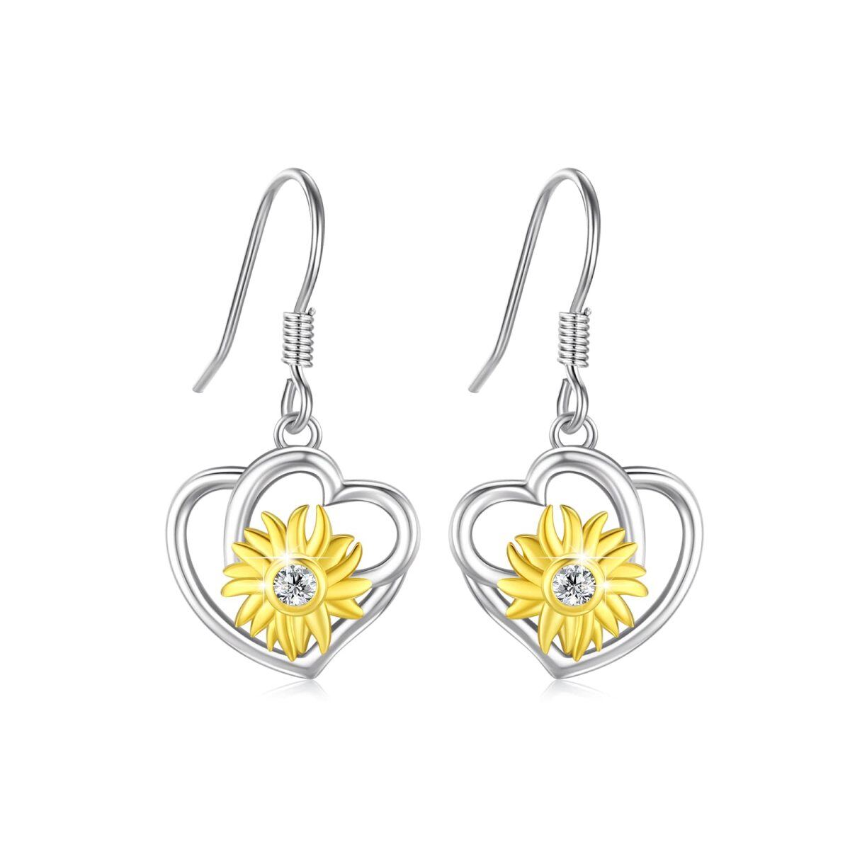 Sterling Silver Two-tone Cubic Zirconia Sunflower Heart Drop Earrings-1