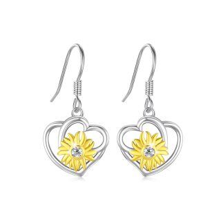 Sterling Silver Two-tone Cubic Zirconia Sunflower Heart Drop Earrings-28