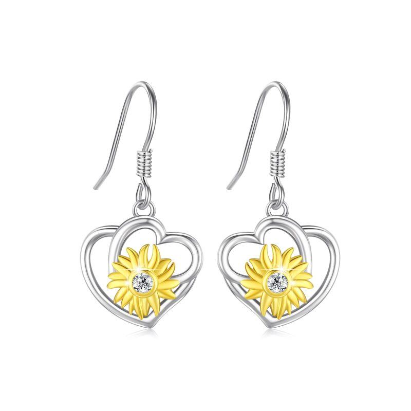 Sterling Silver Two-tone Cubic Zirconia Sunflower Heart Drop Earrings-14