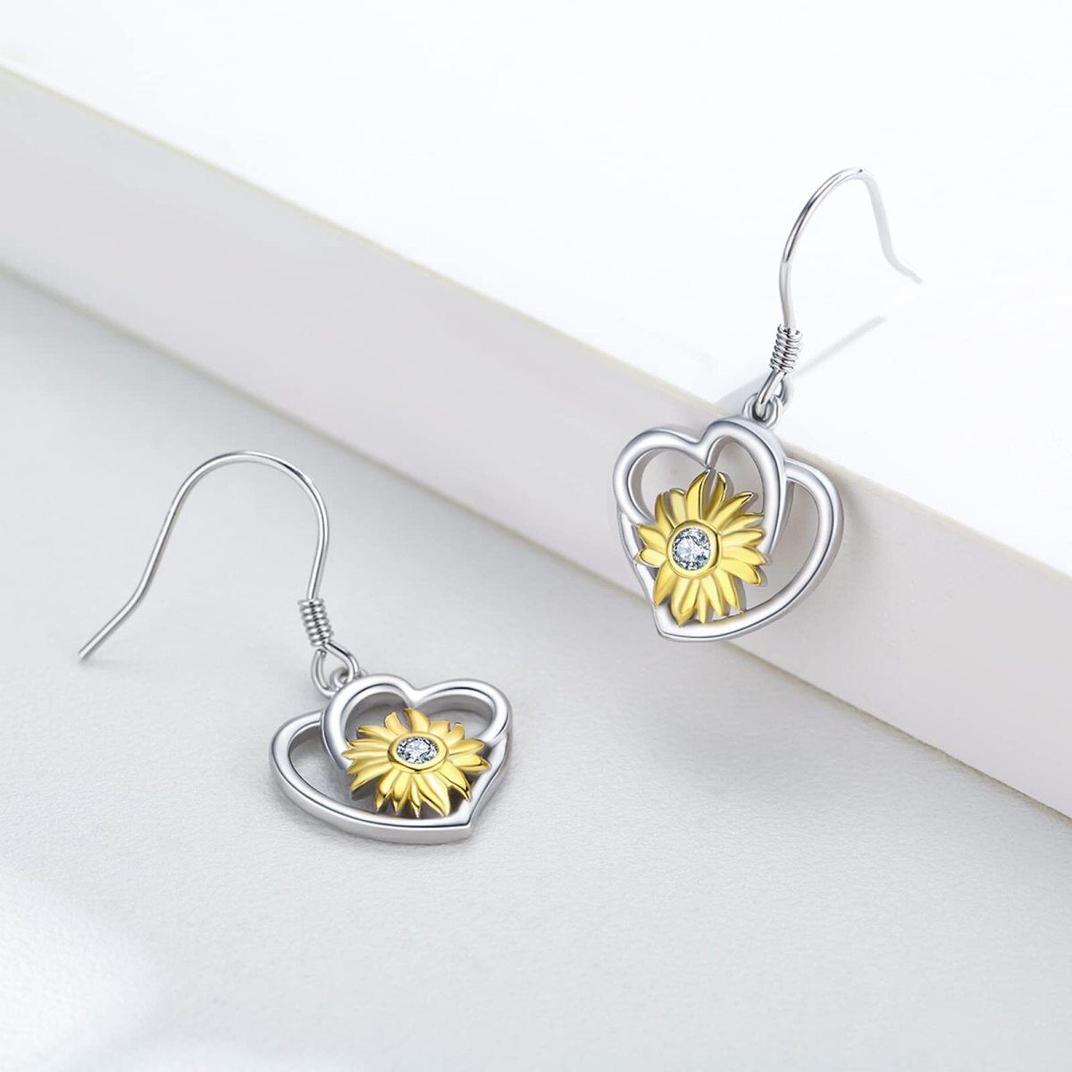 Sterling Silver Two-tone Cubic Zirconia Sunflower Heart Drop Earrings-3