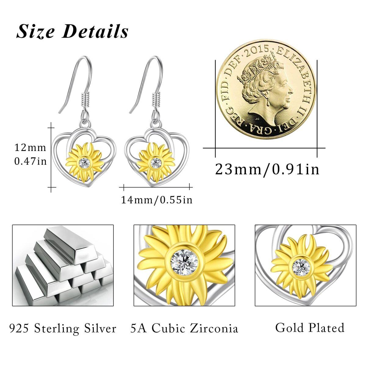 Pendientes de plata de ley bicolor con corazón de girasol y circonitas cúbicas-4