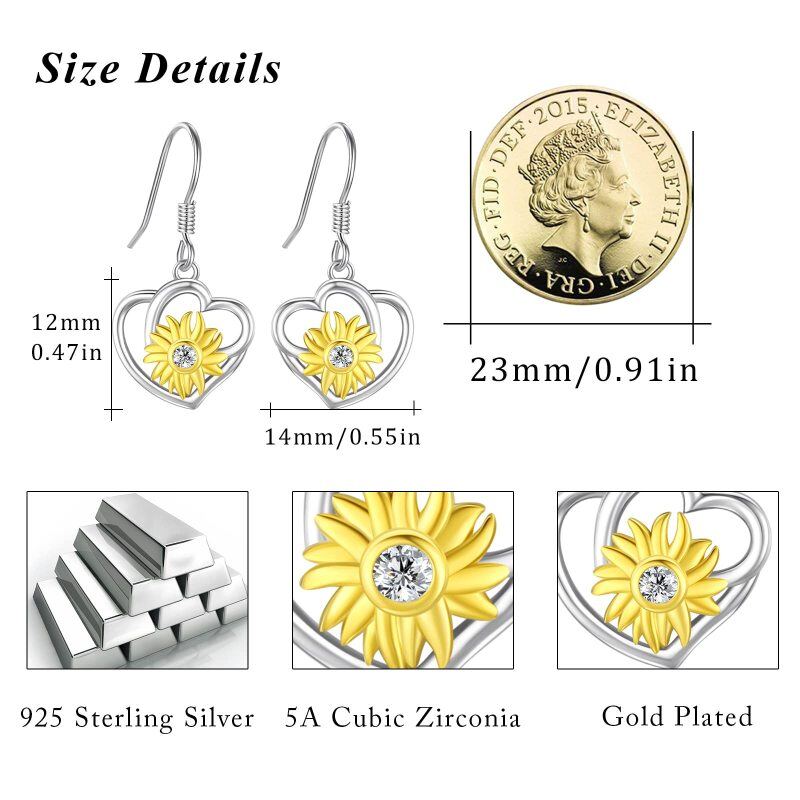 Brincos em prata esterlina com dois tons de zircónio cúbico e coração de girassol-4