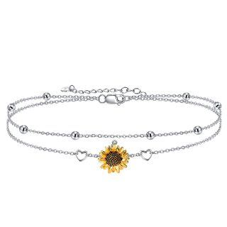 Sterling Silver Two-tone Sunflower & Heart Layerered Bracelet-22