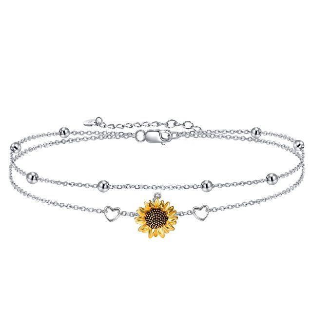 Bracelet en argent sterling bicolore avec fleur de tournesol et coeur superposés