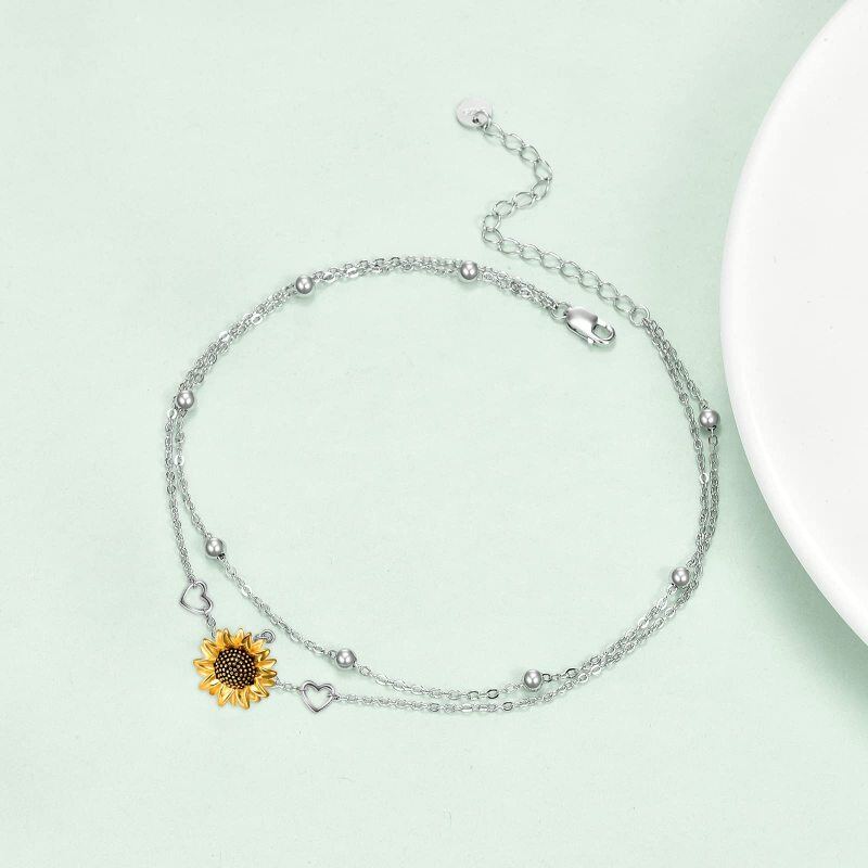 Sterling Silver Two-tone Sunflower & Heart Layerered Bracelet-4
