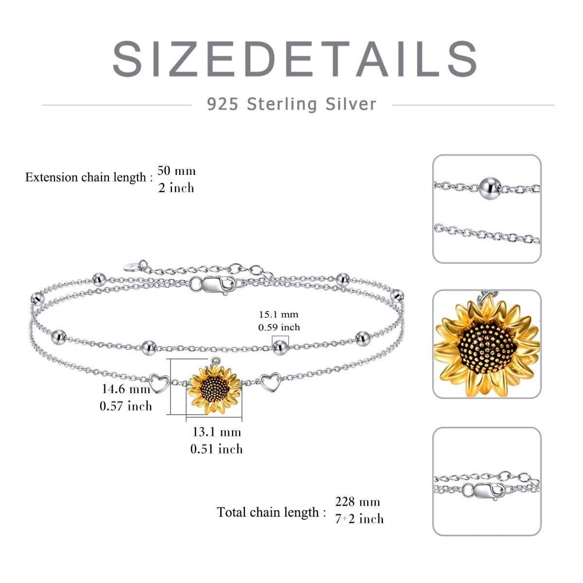 Sterling Silver Two-tone Sunflower & Heart Layerered Bracelet-5