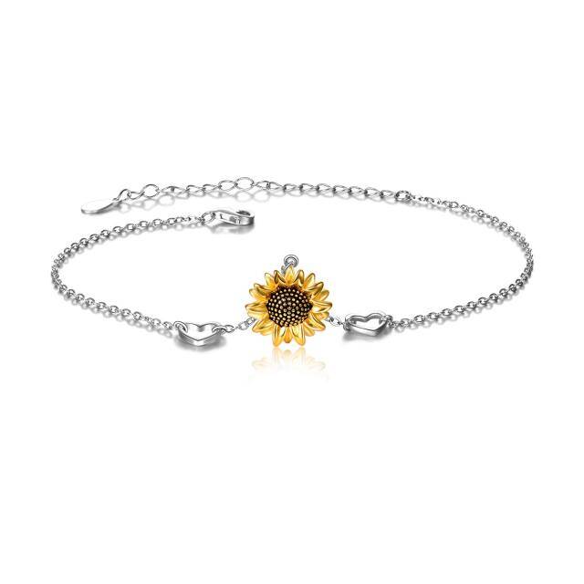 Sterling Silber zweifarbig Sonnenblume & Herz Anhänger Armband