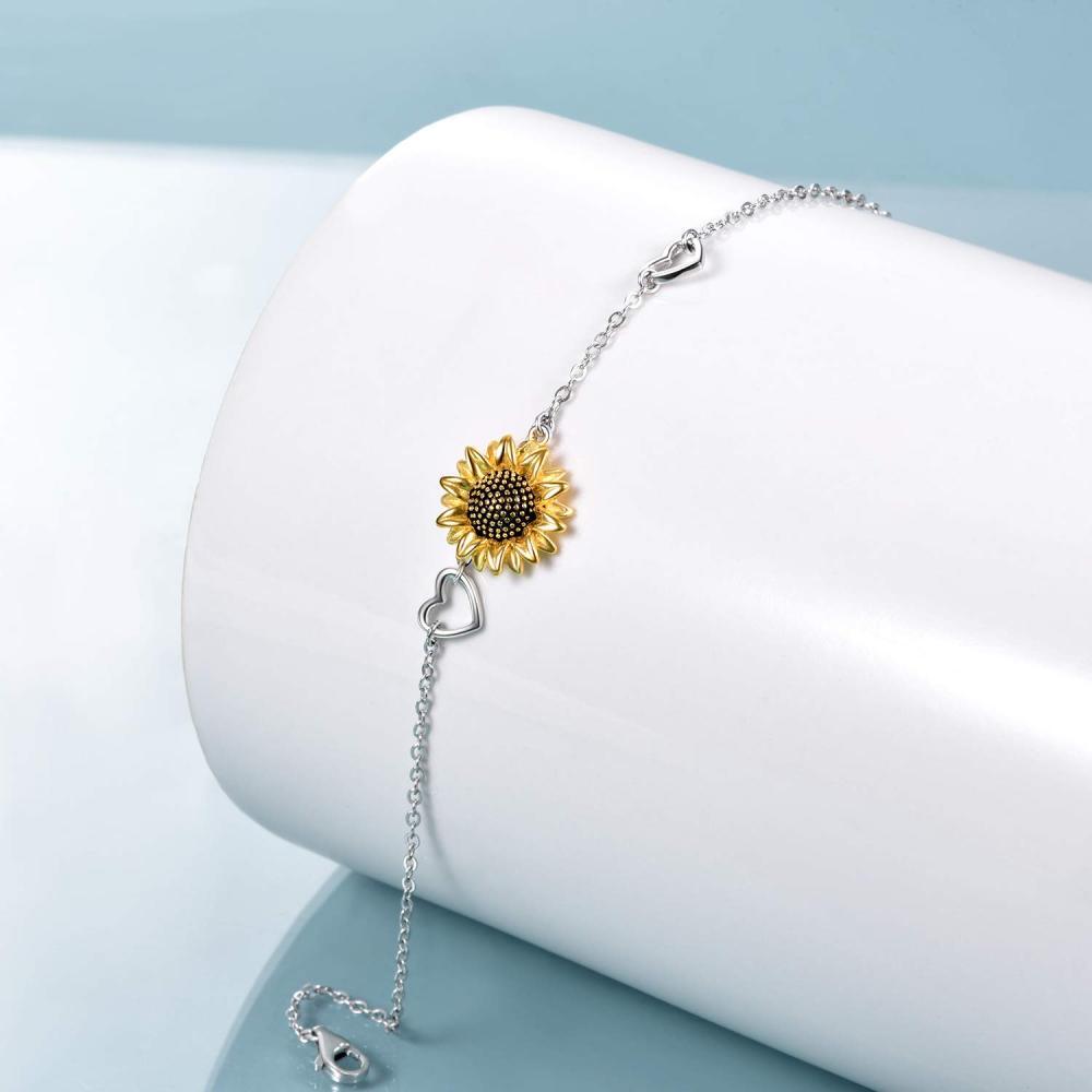 Pulsera de plata de ley bicolor con colgante de girasol y corazón-2