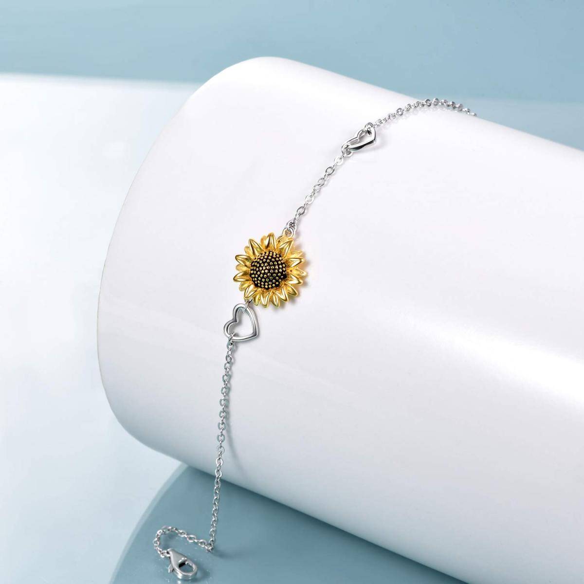 Sterling Silver Two-tone Sunflower & Heart Charm Bracelet-2