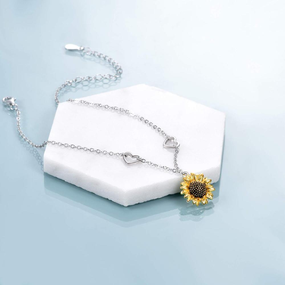 Pulsera de plata de ley bicolor con colgante de girasol y corazón-3