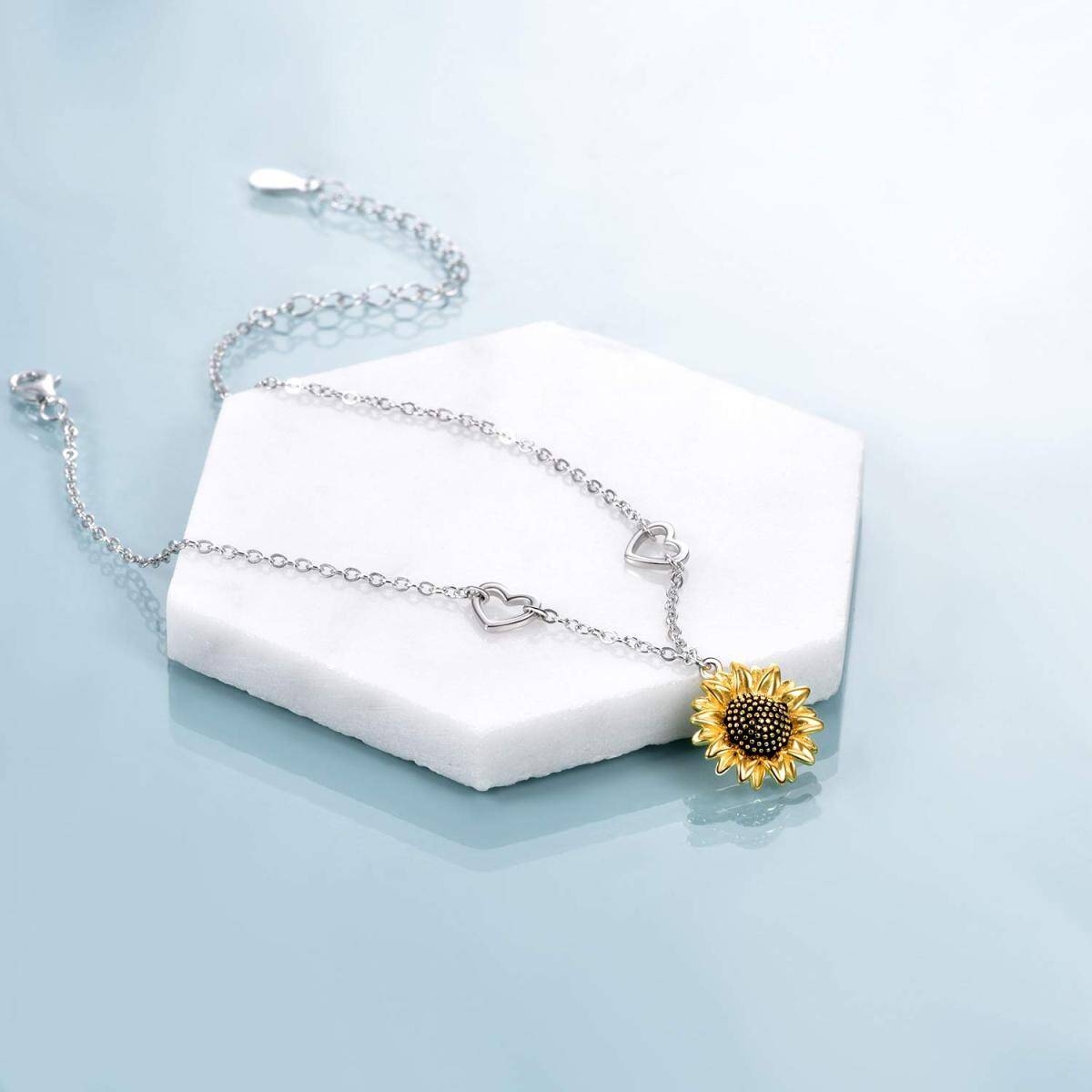 Sterling Silver Two-tone Sunflower & Heart Charm Bracelet-3