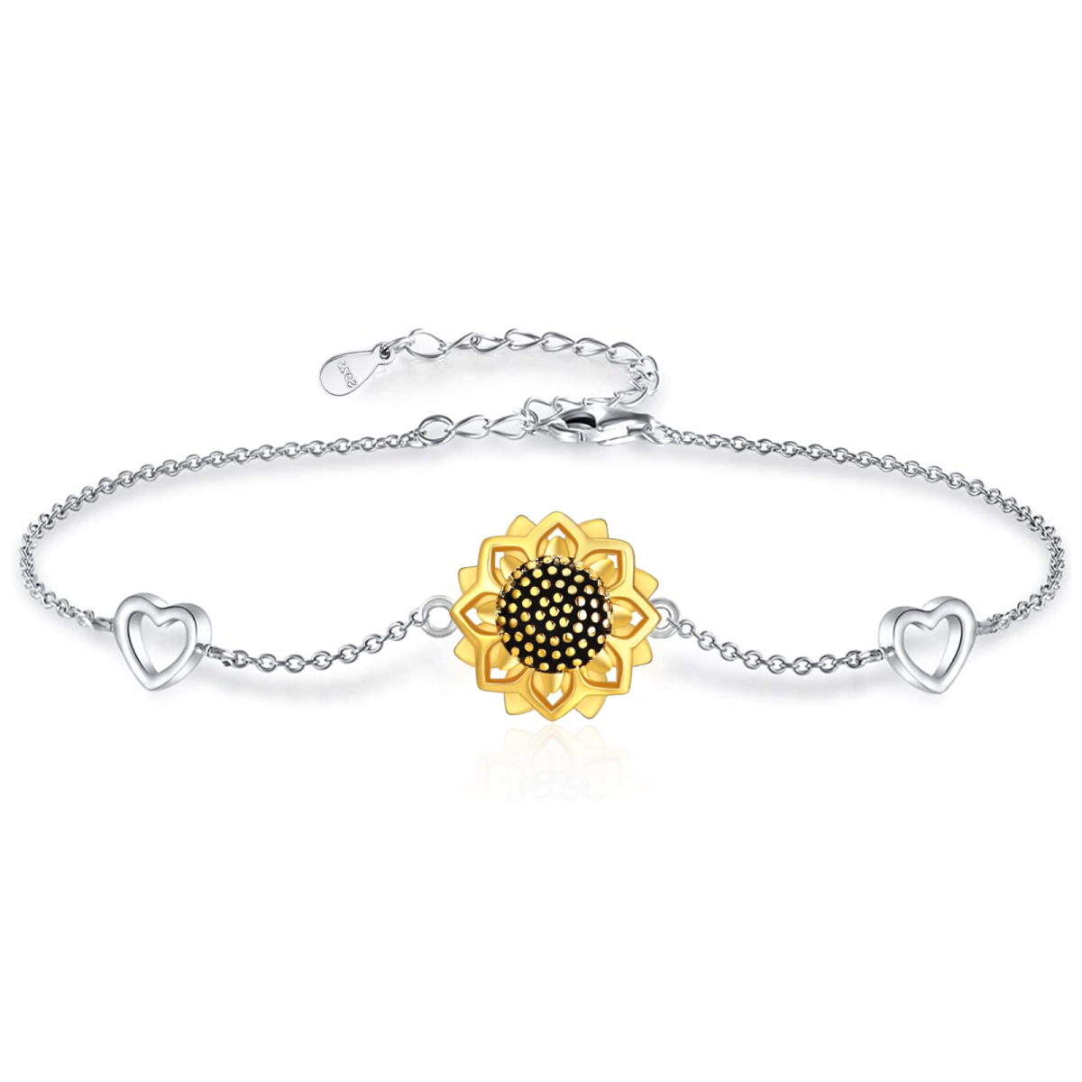 Sterling Silver Two-tone Sunflower & Heart Pendant Bracelet-1