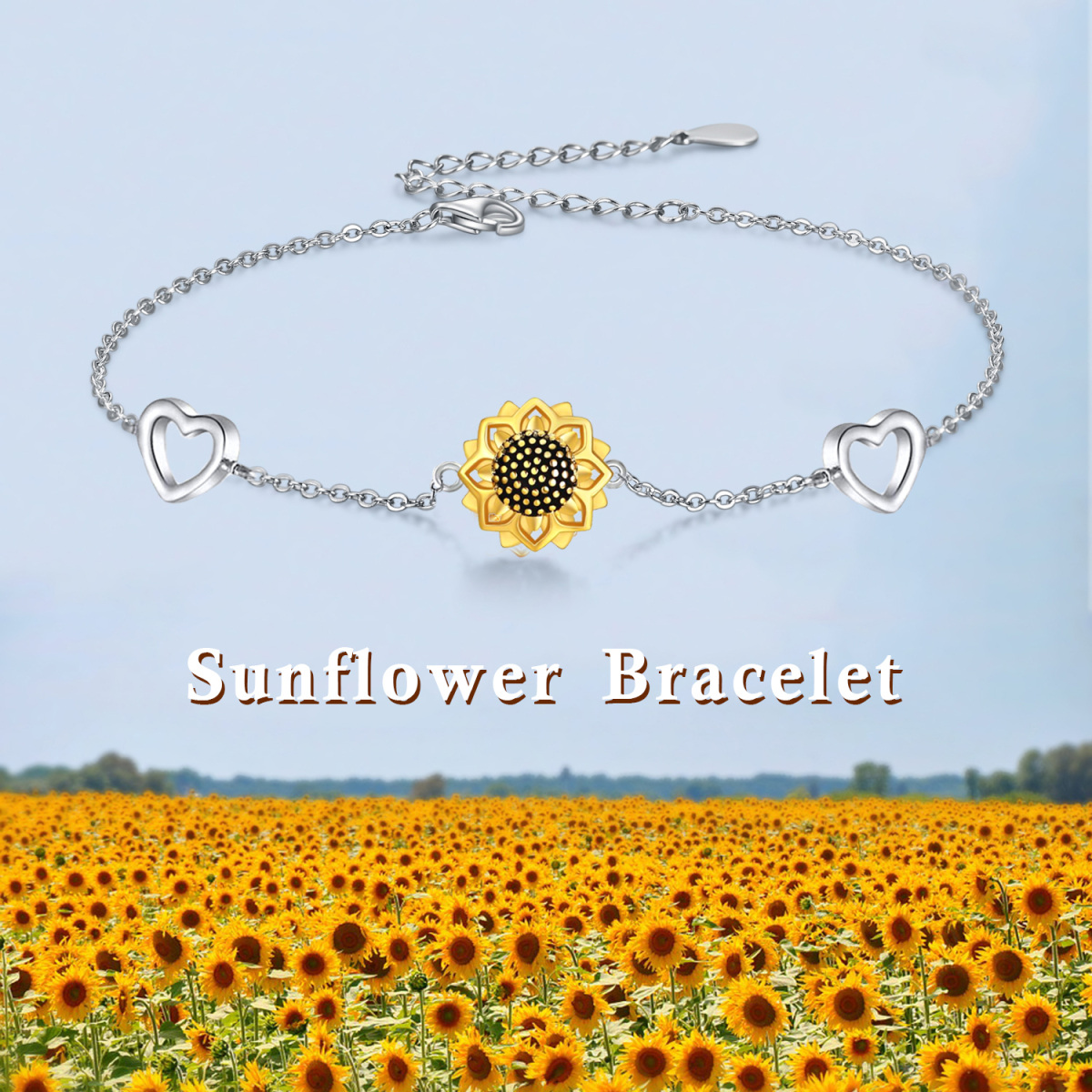 Sterling Silber zweifarbig Sonnenblume & Herz Anhänger Armband-3