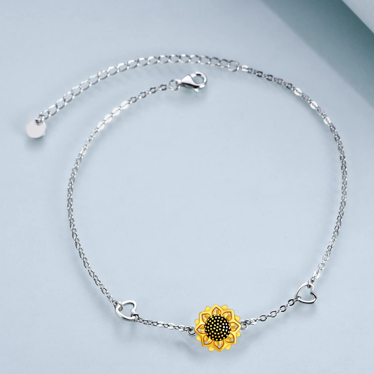 Sterling Silver Two-tone Sunflower & Heart Pendant Bracelet-4