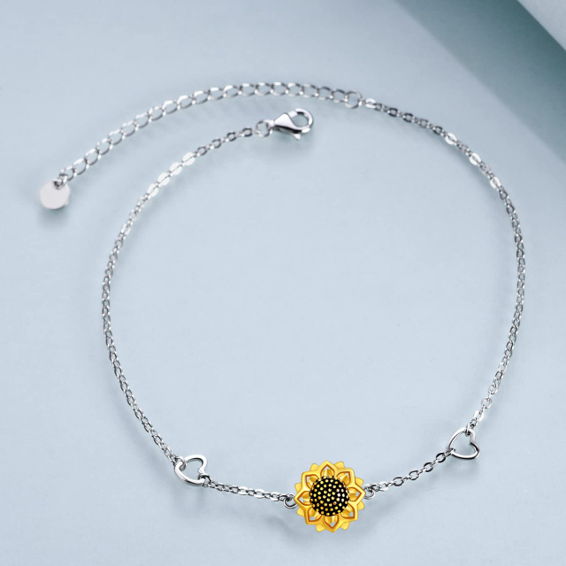 Sterling Silver Two-tone Sunflower & Heart Pendant Bracelet-4