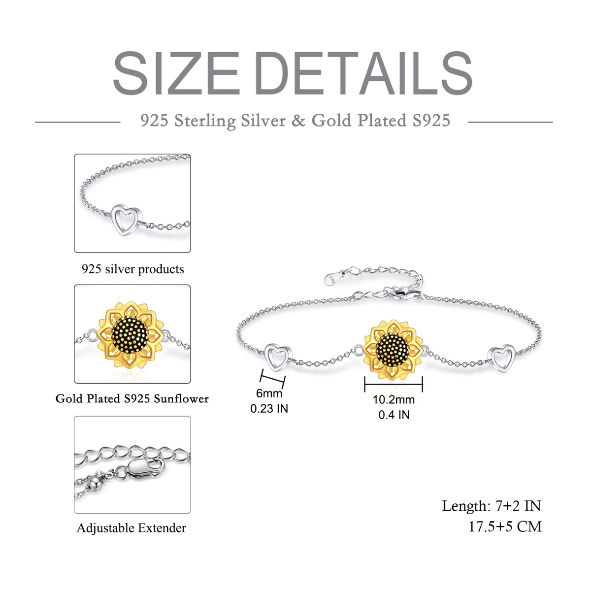 Pulsera de plata de ley bicolor con colgante de girasol y corazón-5