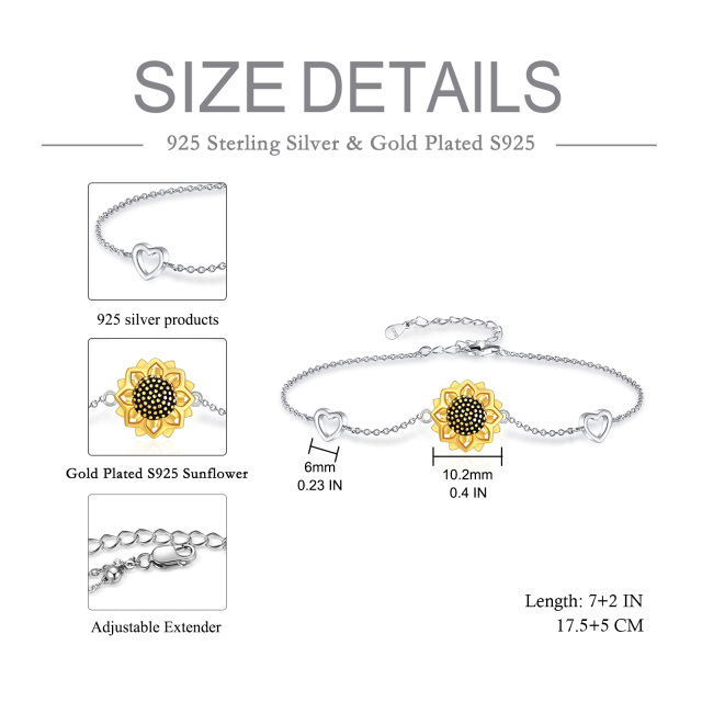 Sterling Silber zweifarbig Sonnenblume & Herz Anhänger Armband-5