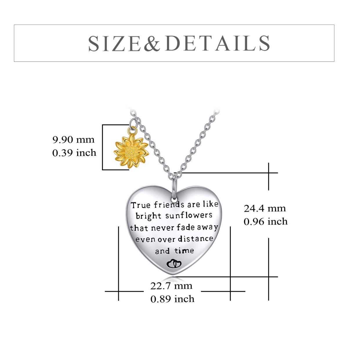 Collier pendentif cœur tournesol bicolore en argent sterling-3