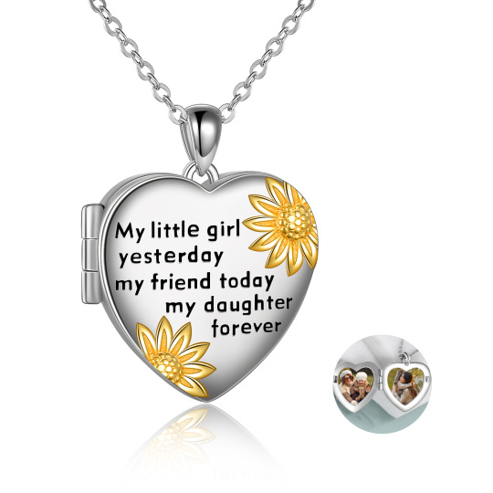 Collana in argento sterling bicolore con girasole e cuore con medaglione fotografico personalizzato e parola incisa