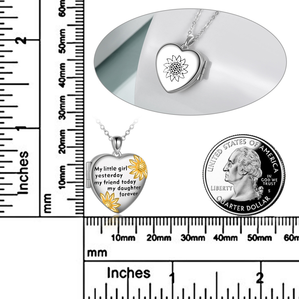 Sterling Silver Two-tone Sunflower & Heart Personalized Photo Locket Necklace with Engraved Word-5