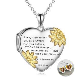 Sterling Silver Two-tone Sunflower Heart Personalized Photo Locket Necklace with Engraved Word-47