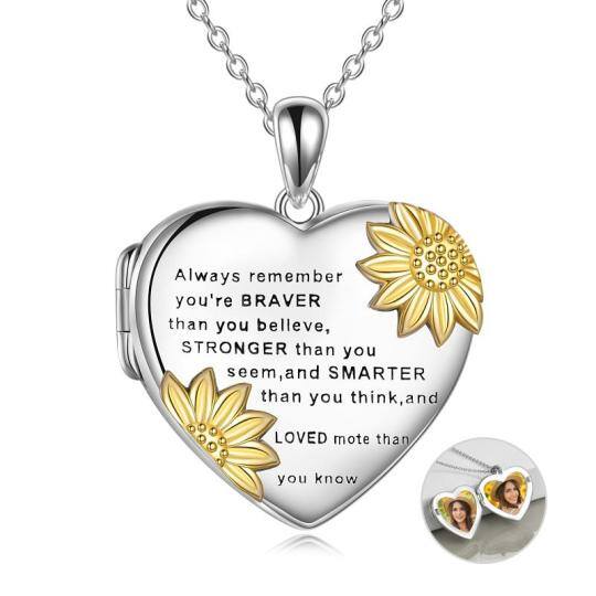 Collana in argento sterling bicolore con cuore a forma di girasole e medaglione fotografico personalizzato con parola incisa