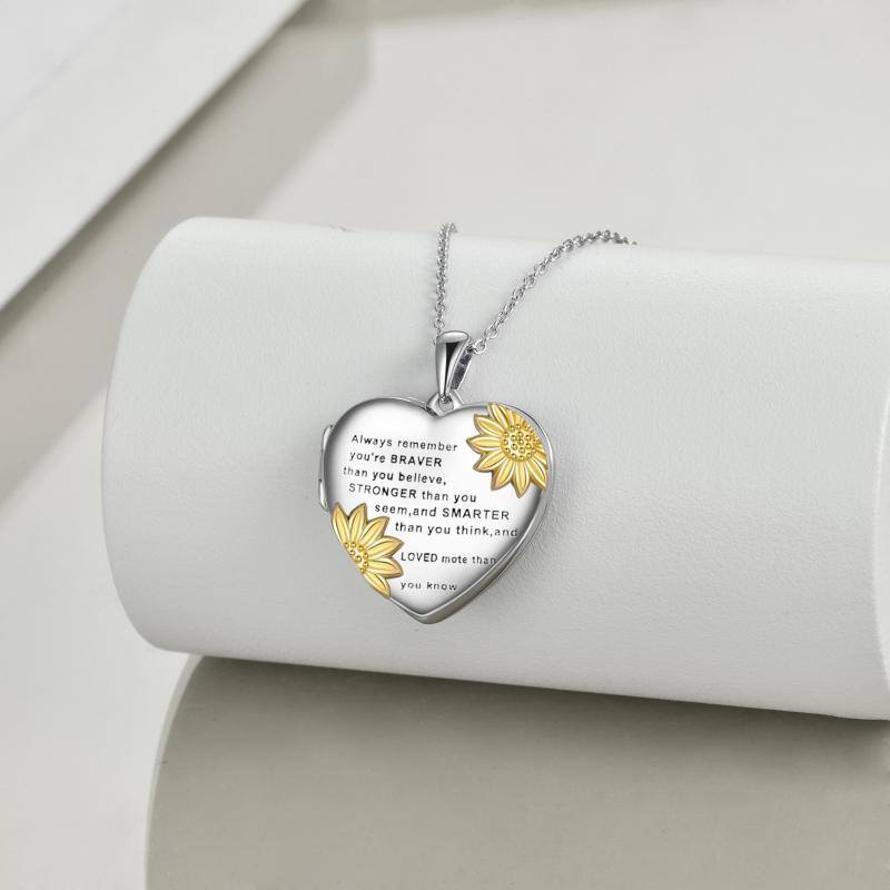 Plata de ley de dos tonos Girasol Corazón Personalizado Foto Locket Collar con palabra grabada-3