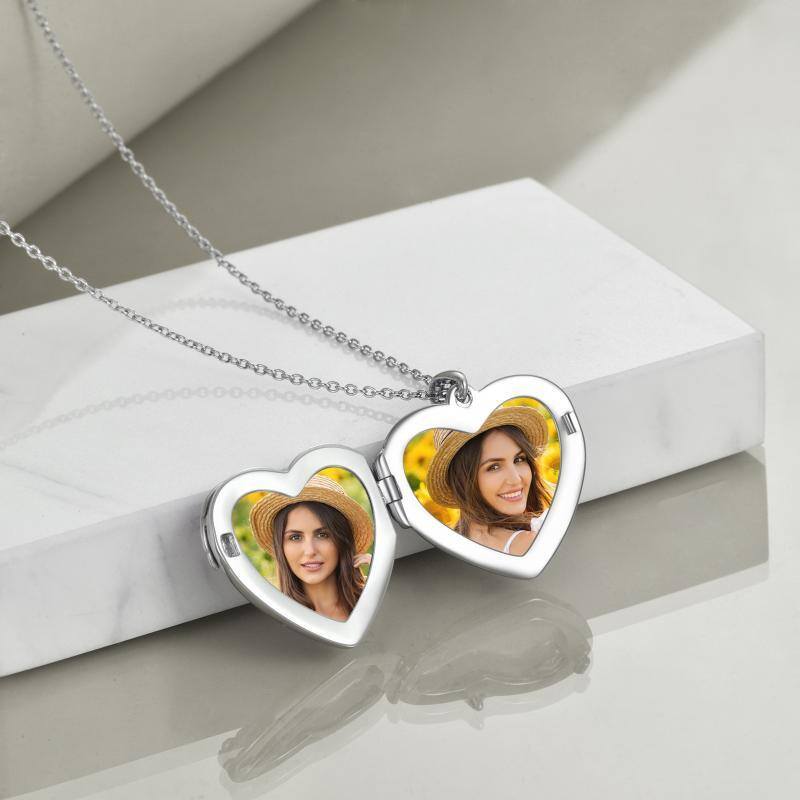 Plata de ley de dos tonos Girasol Corazón Personalizado Foto Locket Collar con palabra grabada-4