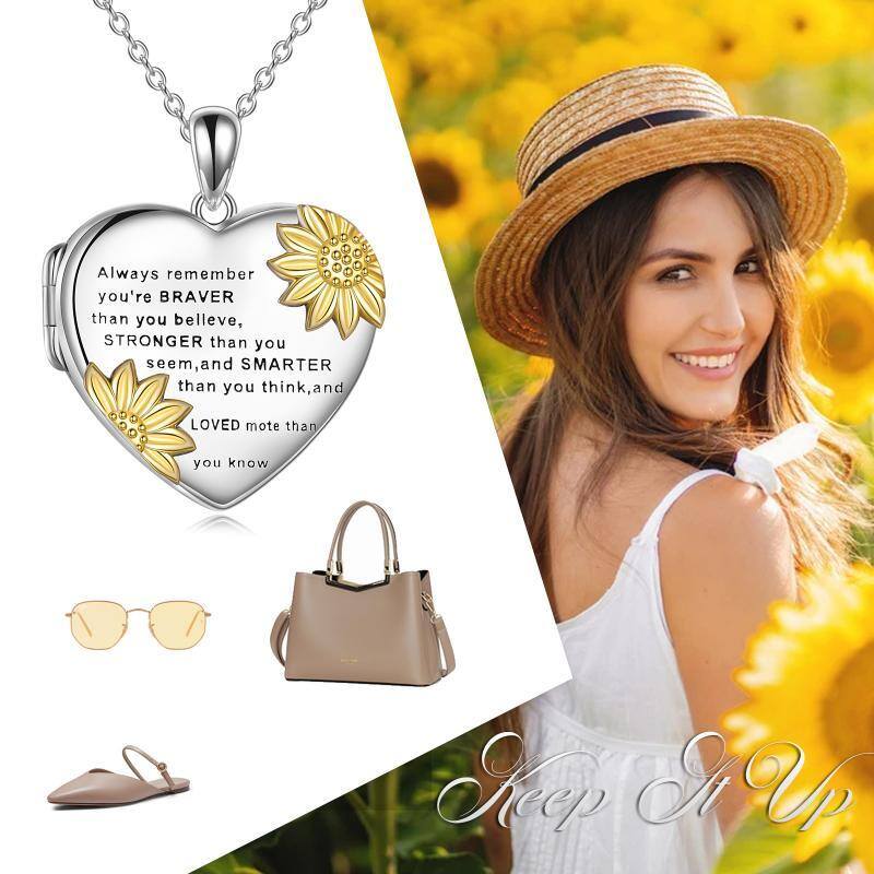 Plata de ley de dos tonos Girasol Corazón Personalizado Foto Locket Collar con palabra grabada-6