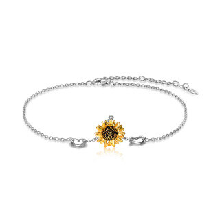 Sterling Silver Two-tone Sunflower & Heart Single Layer Anklet-57