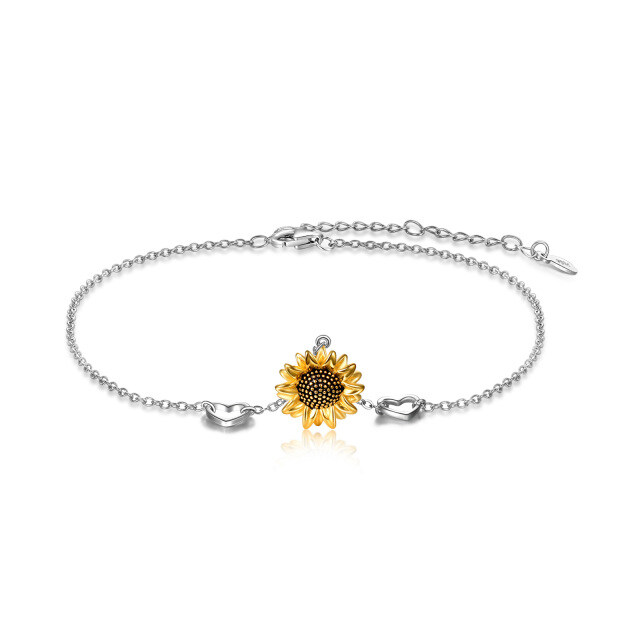 Sterling Silver Two-tone Sunflower & Heart Single Layer Anklet