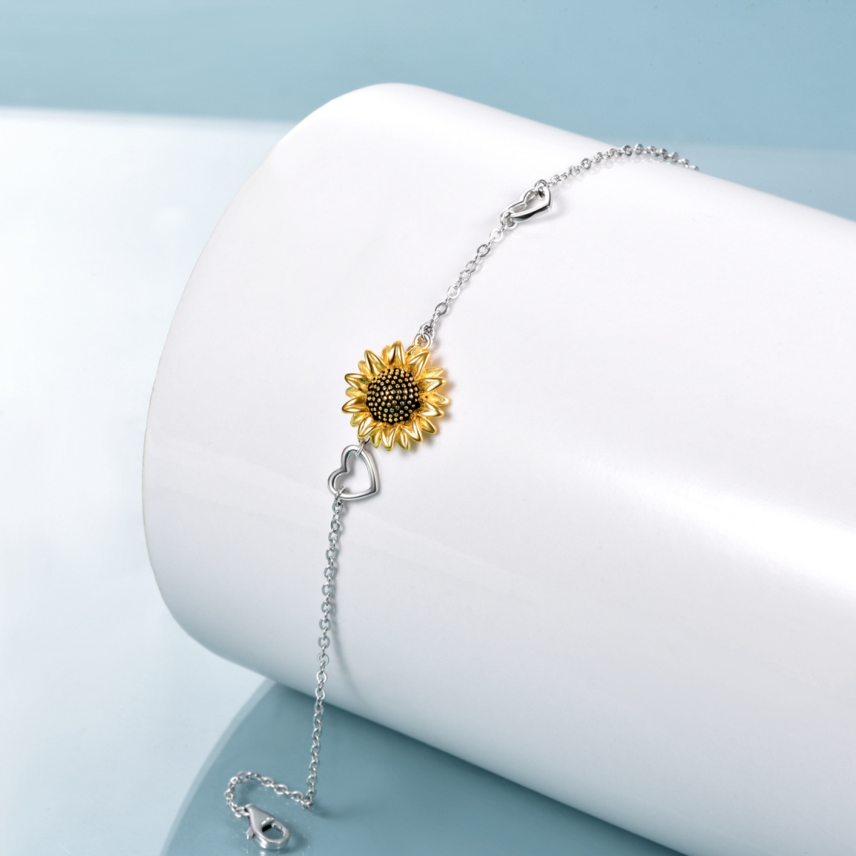 Sterling Silver Two-tone Sunflower & Heart Single Layer Anklet-3