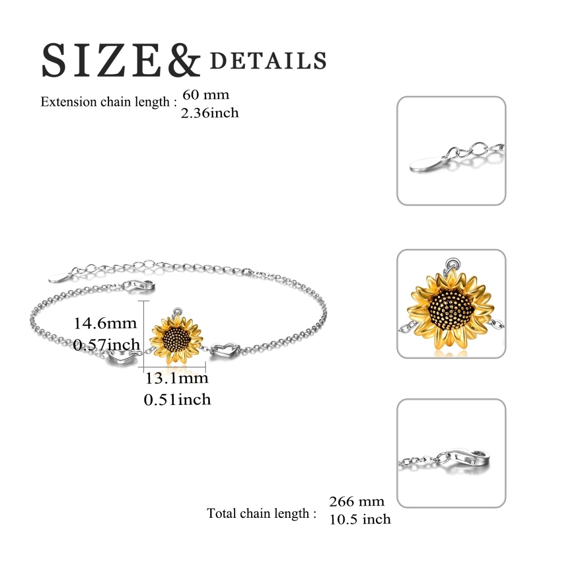 Sterling Silber zweifarbig Sonnenblume & Herz einlagig Fußkettchen-5