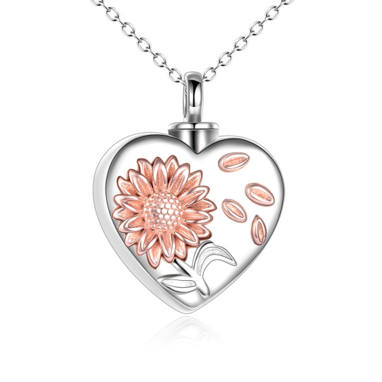 Sterling zilveren tweekleurige cubic zirconia zonnebloem & hart urnenketting voor as