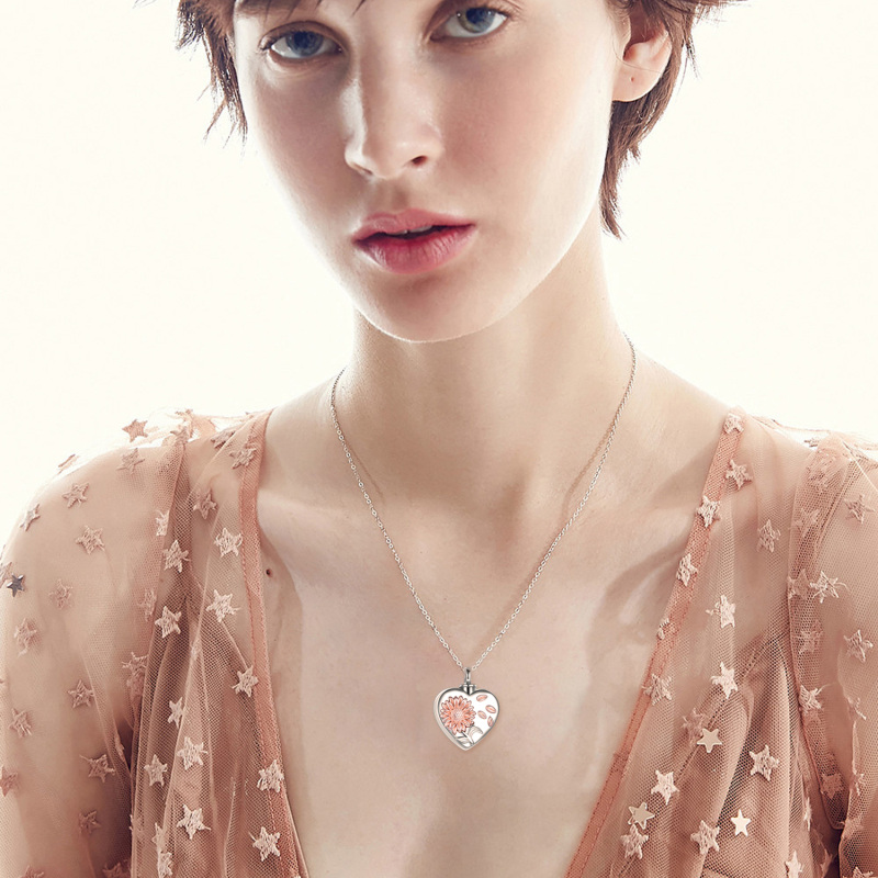 Colar de prata esterlina com dois tons de zircónias cúbicas, girassol e coração para cinza-2