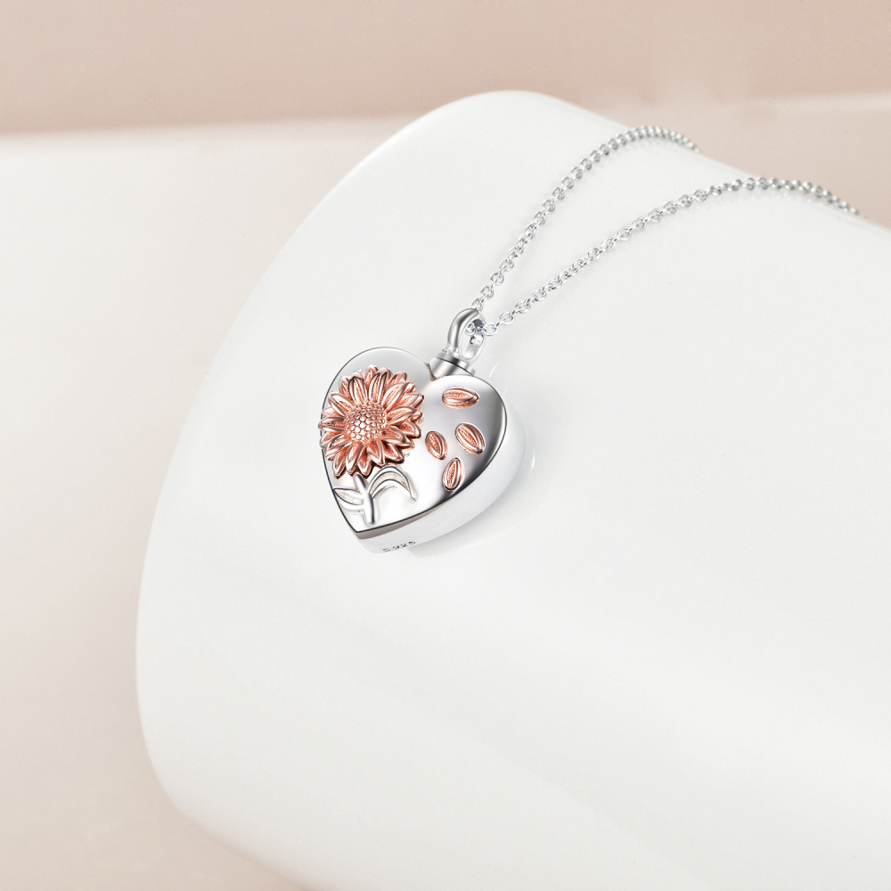 Sterling Silver Two-tone Cubic Zirconia Sunflower & Heart Urn Necklace for Ashes-4