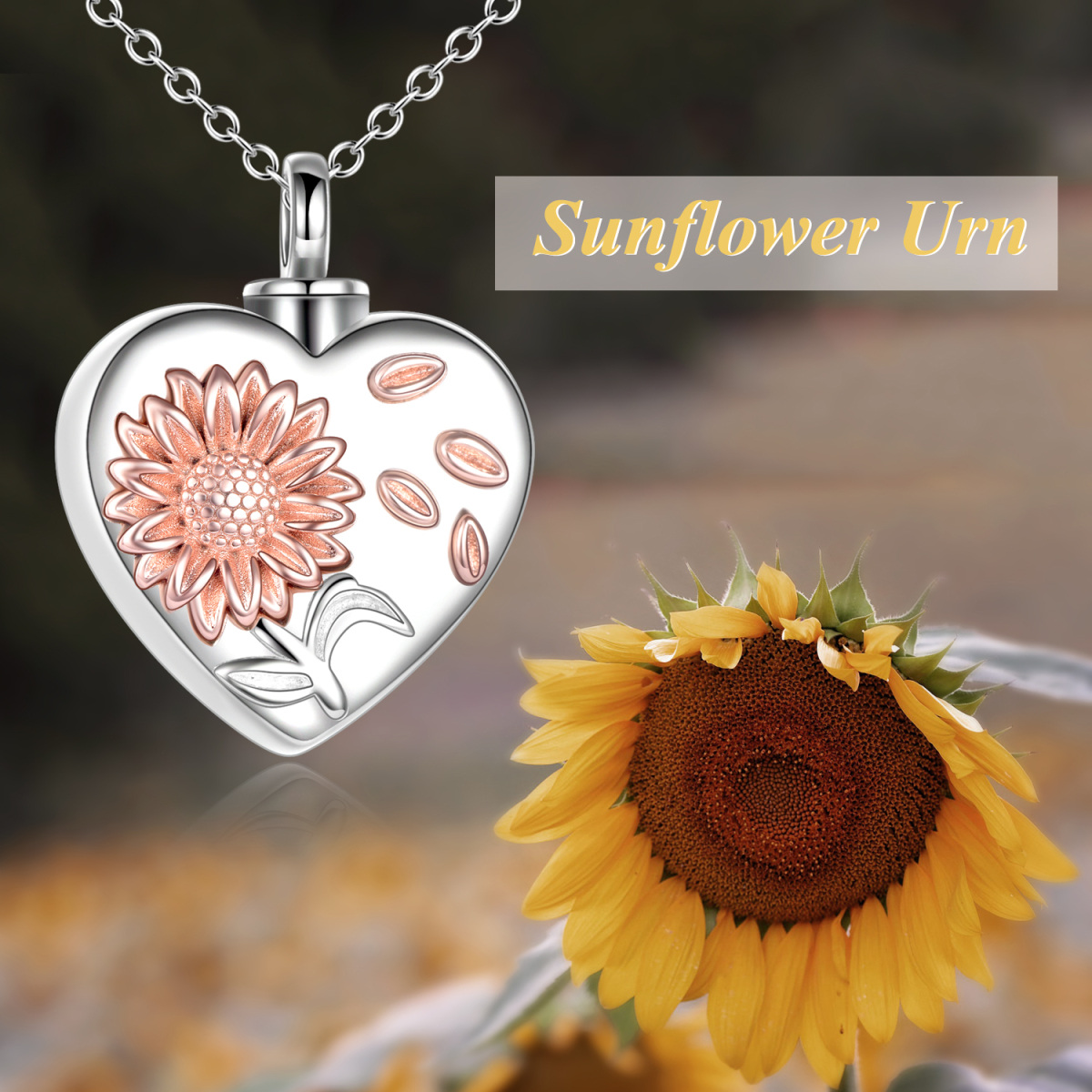 Sterling Silver Two-tone Cubic Zirconia Sunflower & Heart Urn Necklace for Ashes-6