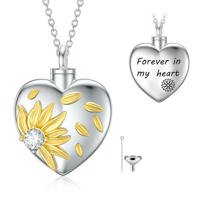 Sterling Silber zweifarbig Cubic Zirkonia Sonnenblume & Herz Urne Halskette mit eingravier