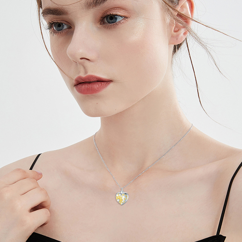 Sterling Silver Two-tone Cubic Zirconia Sunflower & Heart Urn Necklace for Ashes with Engraved Word-2