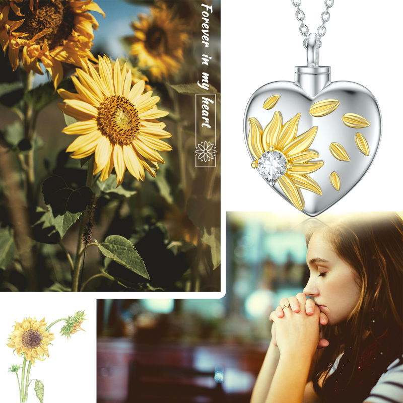 Sterling Silver Two-tone Cubic Zirconia Sunflower & Heart Urn Necklace for Ashes with Engraved Word-3